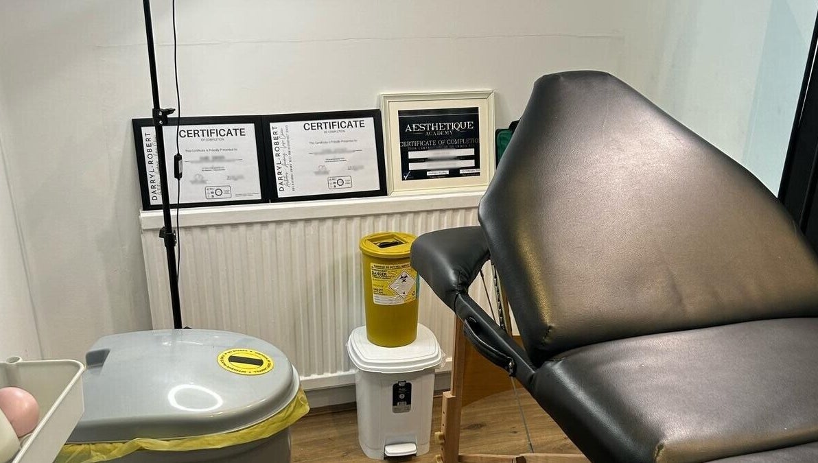 Professional treatment room at Ara Aesthetics (Home Services Available), Edgware, England, GB highlighting equipment and certifications.