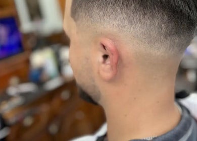 Close-up of a sleek fade haircut at Sw9 barbers in London, England, GB.