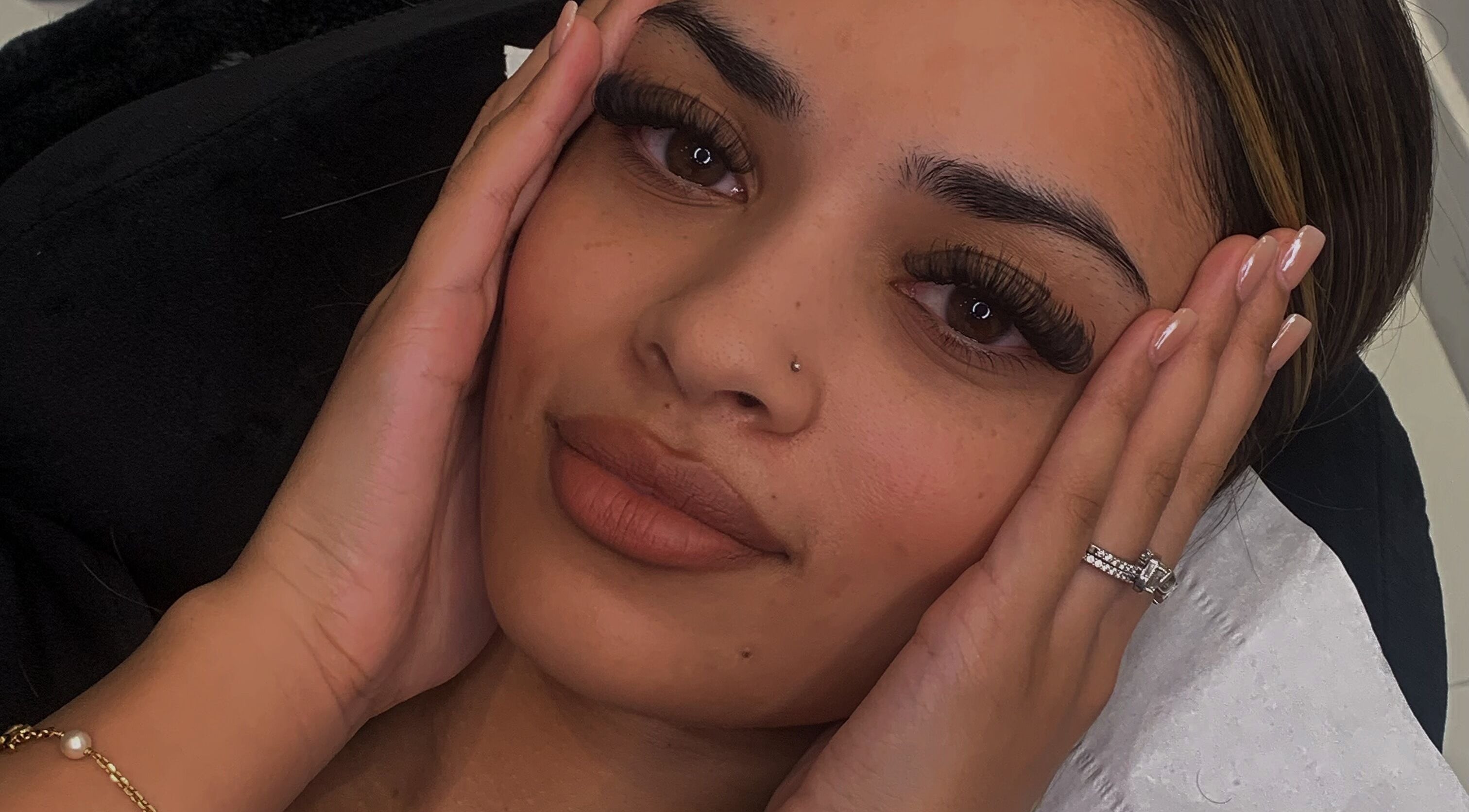 Close-up of a client's face with lush lashes at beauty by imy, Portsmouth, England, GB.