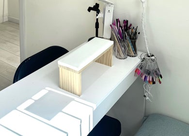 Miche nail station with brushes and samples in London, England, GB.