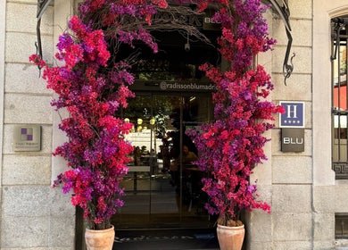 Entrée fleurie de Maison Barbier Lachute, Lachute, Québec, CA, avec des fleurs vibrantes.
