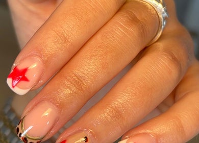 Stylish star and leopard nail art at The Mani Bar by Rebecca, Plains, Scotland, GB.