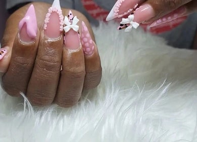 Stylish pink and white nail art at Rachella Creations, Oistins, Christ Church, BB.