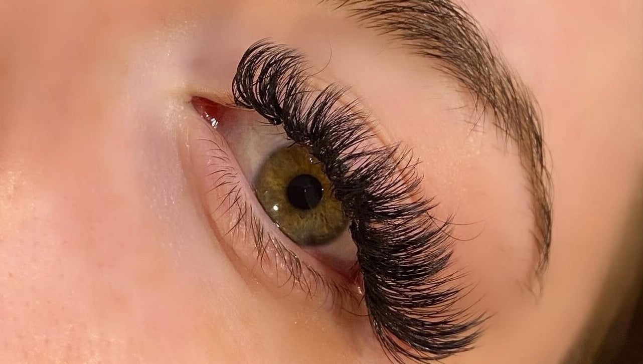 Close-up of styled lashes at MVTbeautyxo, Little Hallingbury, England, GB showcasing expert lash extension.