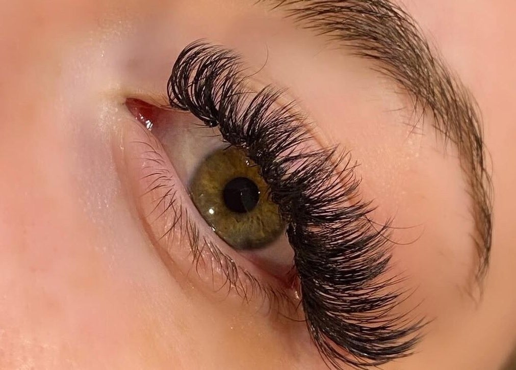 Close-up of styled lashes at MVTbeautyxo, Little Hallingbury, England, GB showcasing expert lash extension.