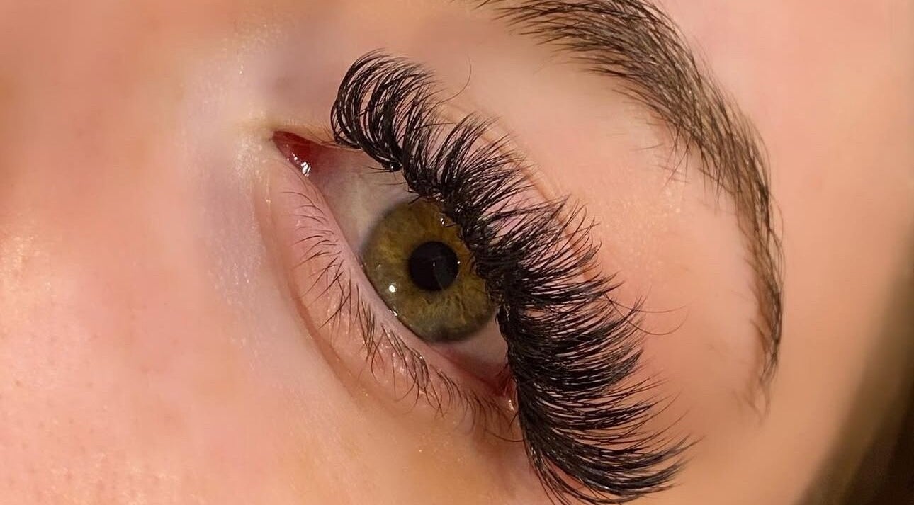 Close-up of styled lashes at MVTbeautyxo, Little Hallingbury, England, GB showcasing expert lash extension.