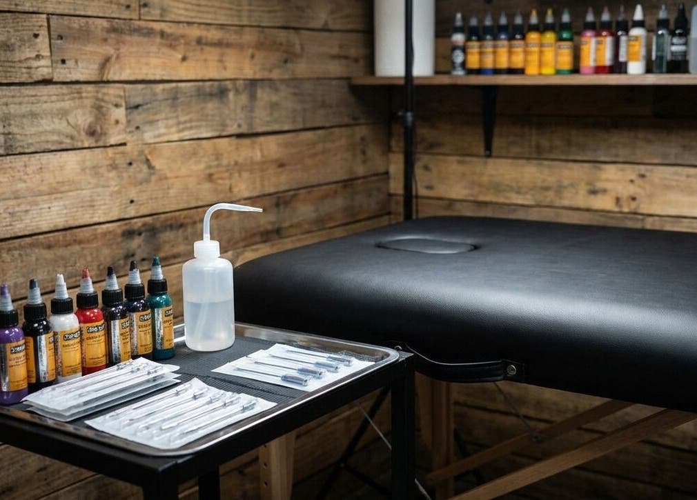 Tattoo station at ETHEREAL INK BODY ART, Brant, Ontario, CA ready for a detailed session.