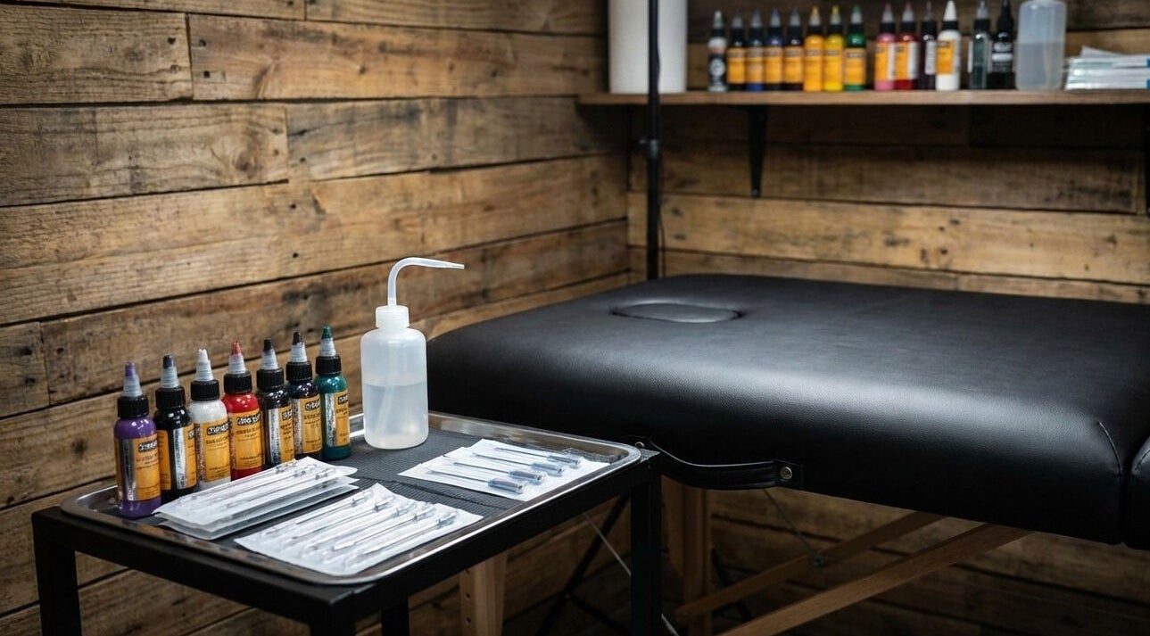 Tattoo station at ETHEREAL INK BODY ART, Brant, Ontario, CA ready for a detailed session.