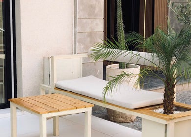Relaxing outdoor seating at Phoebe, Marrakech, Marrakech-safi, MA with palm and cactus decor.