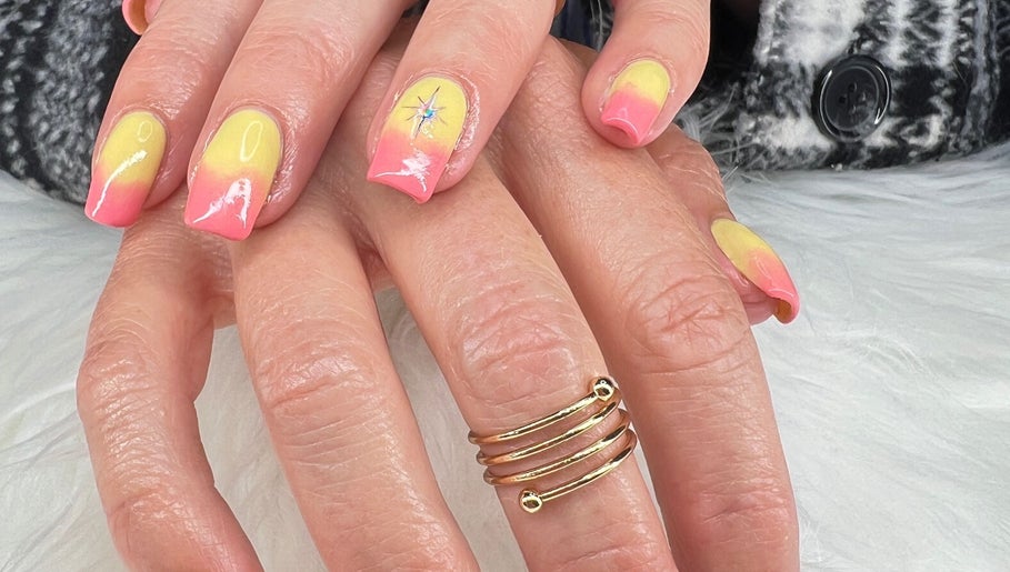 Vibrant pink and yellow gradient nails at Bougie Nails with G, Santa Maria, California, US.