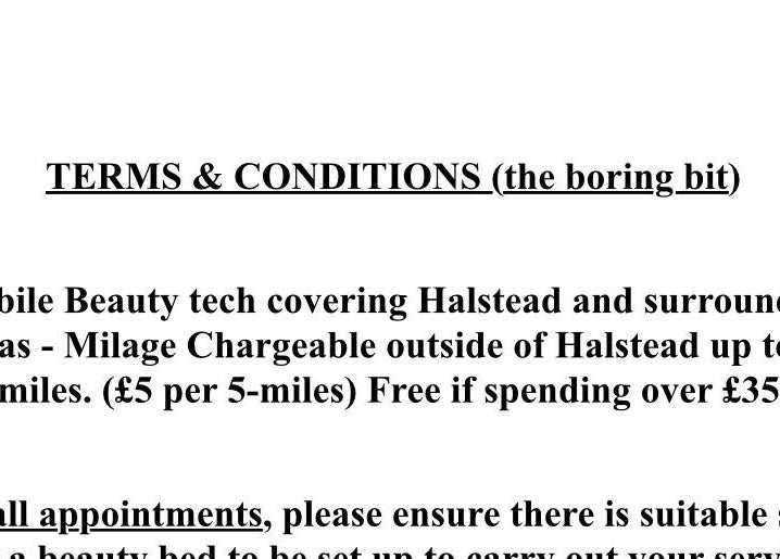 Erin’s Browtique terms and conditions flyer in Braintree, England, GB.