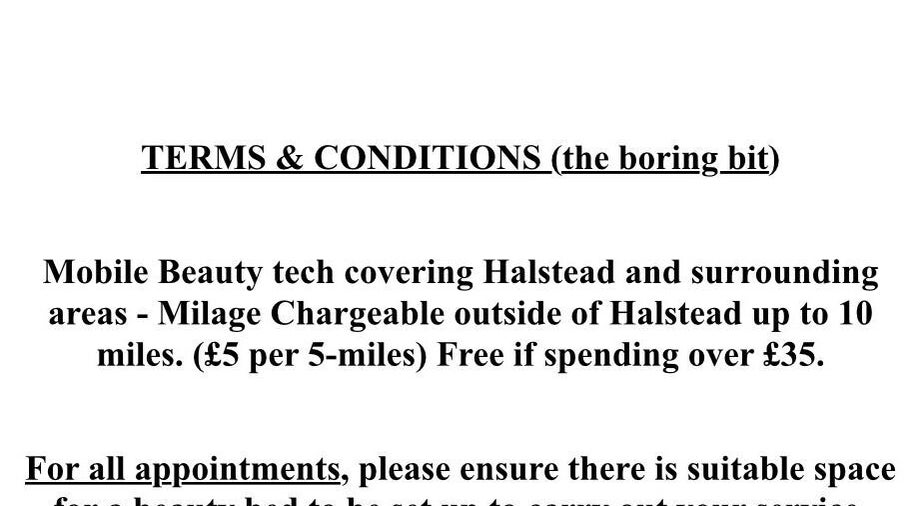 Erin’s Browtique terms and conditions flyer in Braintree, England, GB.