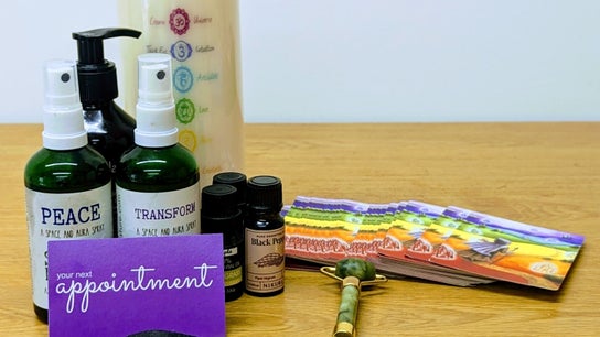 Assorted wellness products with chakra cards at The Chakra Shed, Birkenhead, England, GB.