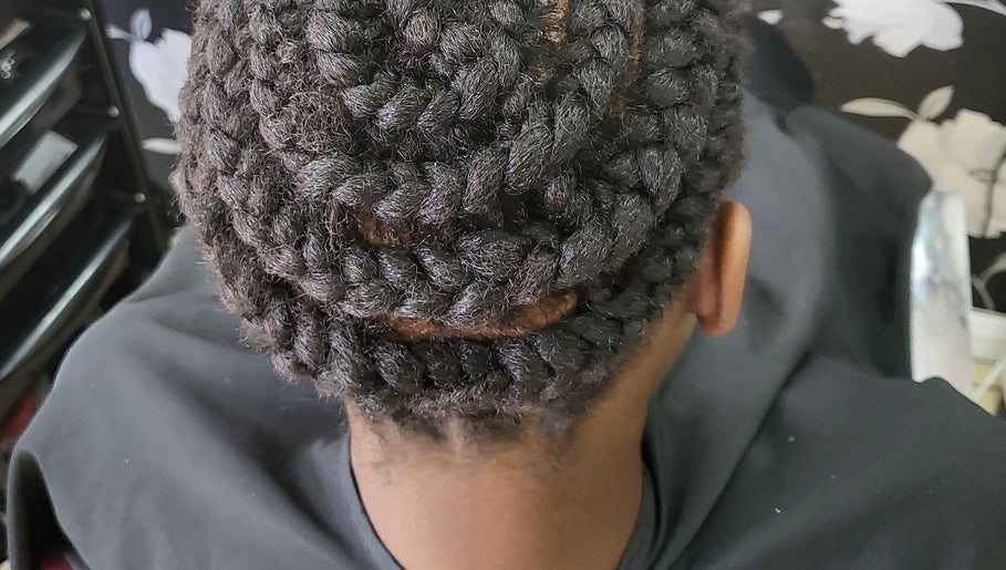 Intricate braided hairstyle at Take Down & Detangle, Cardiff, Wales, GB.