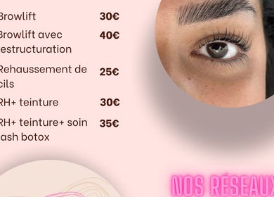Services de browlift et cils chez Glow by Selma, Villepinte, Île-de-France, FR avec prix détaillés.