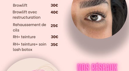Services de browlift et cils chez Glow by Selma, Villepinte, Île-de-France, FR avec prix détaillés.