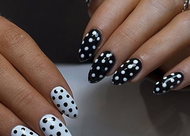 Stylish polka dot nail art at HT Studio, Glasgow, Scotland, GB.
