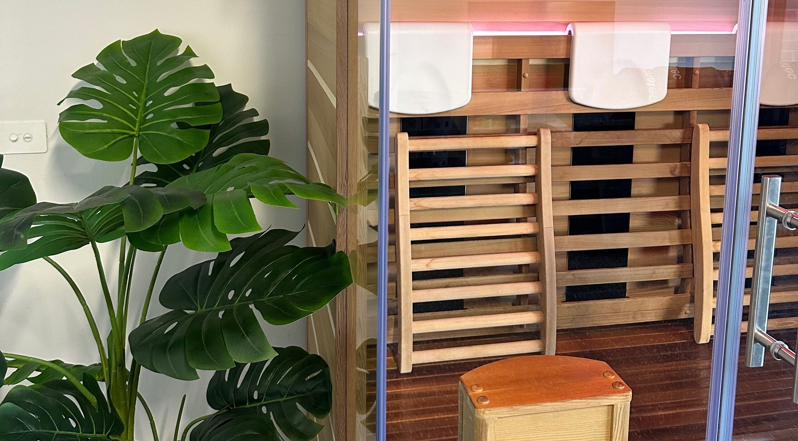 Relaxing sauna experience at CORE Recovery, Warrnambool, Victoria, AU, with lush green plants.
