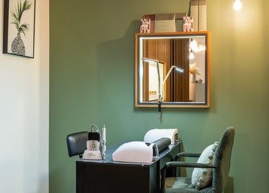 Cozy nail station at Sharkra Medi Spa & Laser Clinic in Hobart, Tasmania, AU with elegant decor and modern equipment.
