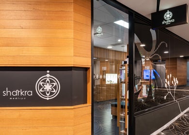 Entrance of Sharkra Medi Spa & Laser Clinic in Hobart, Tasmania, AU with modern wood design.