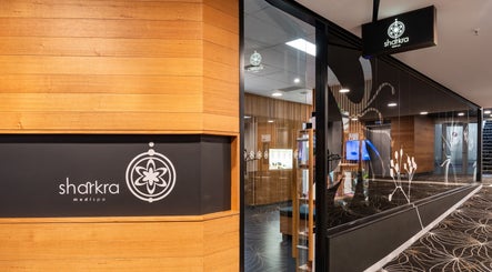 Entrance of Sharkra Medi Spa & Laser Clinic in Hobart, Tasmania, AU with modern wood design.
