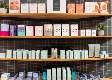 Luxurious skincare products on display at Sharkra Medi Spa & Laser Clinic in Hobart, Tasmania, AU.