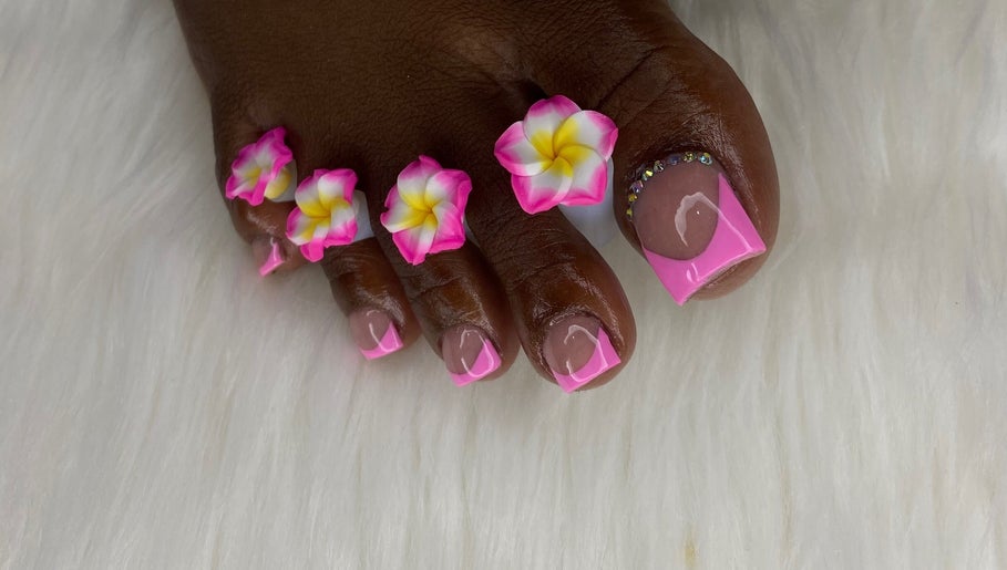 Elegant pink and floral nail art at Nail Odyssey, Arima, Arima Borough Corporation, TT.