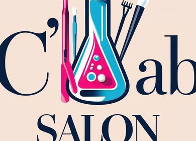 Stylish logo of The C'Lab Salon in CW, featuring beauty tools iconography.