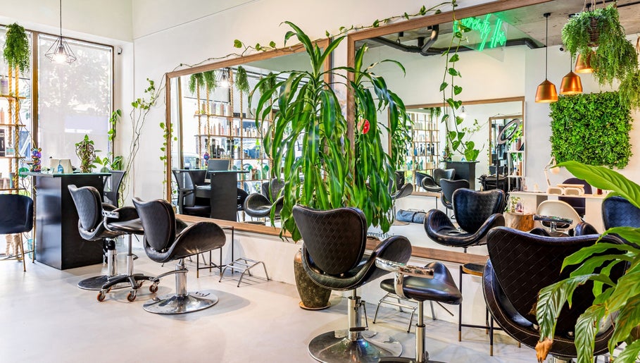 Serenity Hair & Co salon in Surry Hills, New South Wales, AU, features elegant chairs and lush greenery décor.