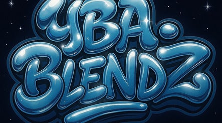 Glossy lettering of Yba.Blendz, a beauty venue in Dunfermline, Scotland, GB, glowing under a starry sky.