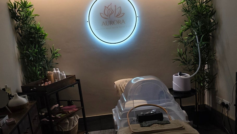 Relaxing spa room at Aurora Japanese Head Spa, Killough, Northern Ireland, GB. Elegant decor emphasizes tranquility.