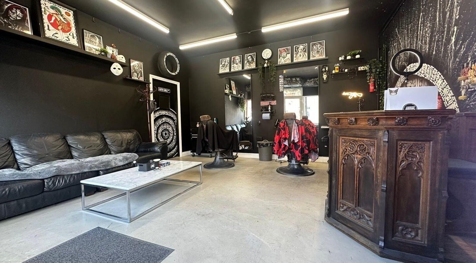 Modern interior of Rejects Barbers in Boldon Colliery, England, GB with stylish decor and seating.