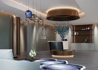 Elegant reception area at LUXEGLO MEDICAL AESTHETICS, Perth, Western Australia, AU, featuring modern decor.