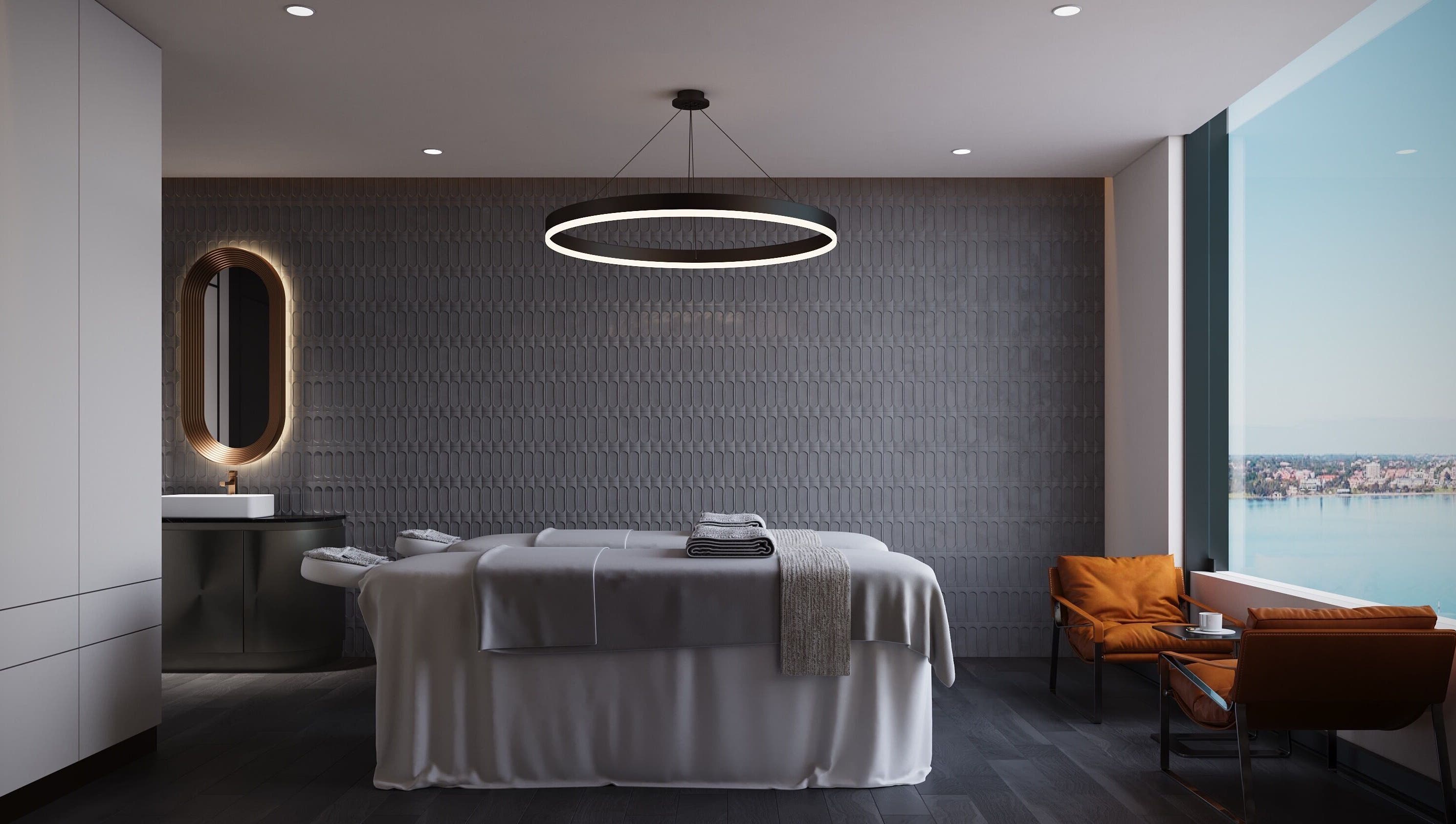 Relaxing treatment room at LUXEGLO MEDICAL AESTHETICS in East Perth, Western Australia, AU overlooking serene views.