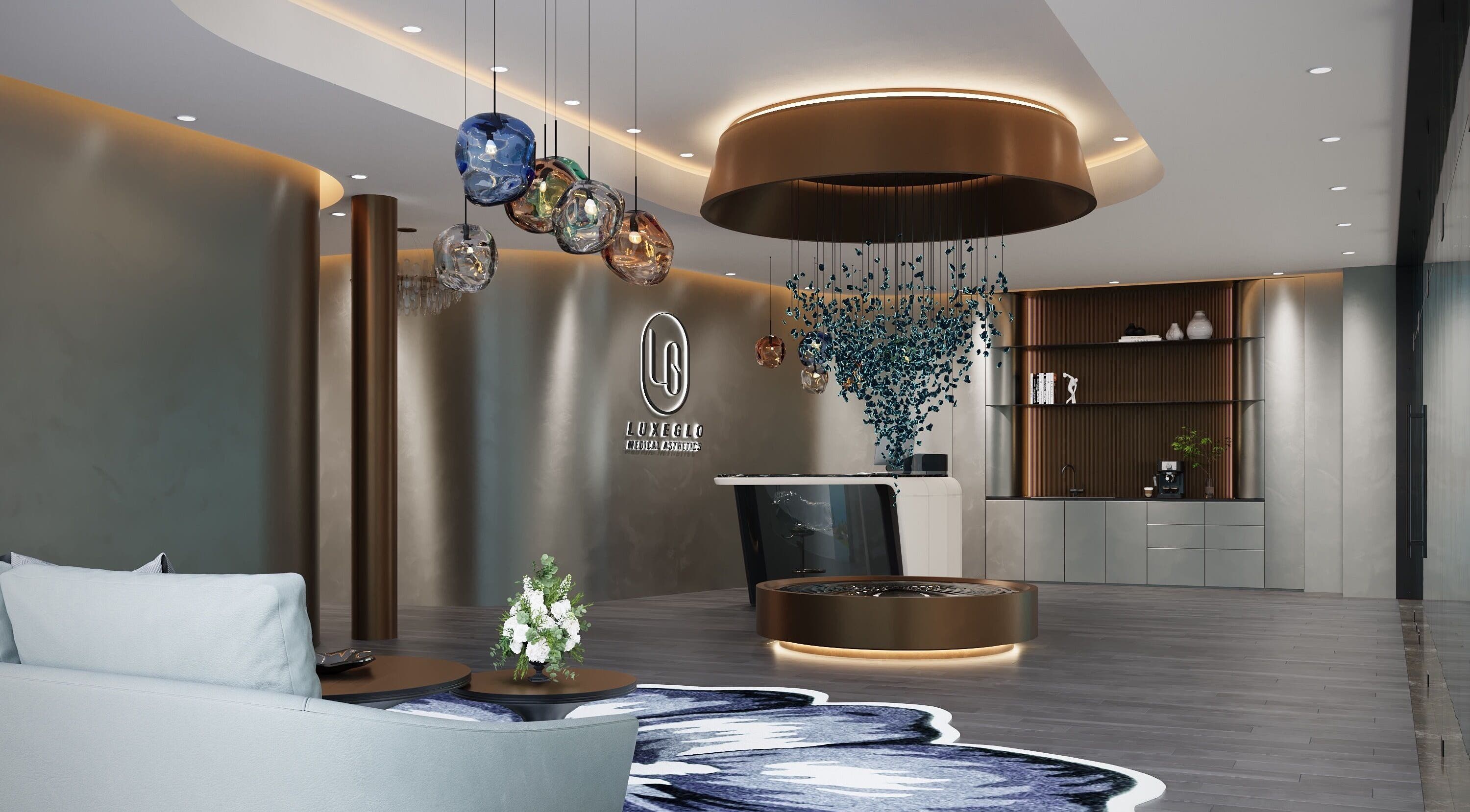 Luxurious reception at LUXEGLO MEDICAL AESTHETICS, East Perth, Western Australia, AU, with chic decor.