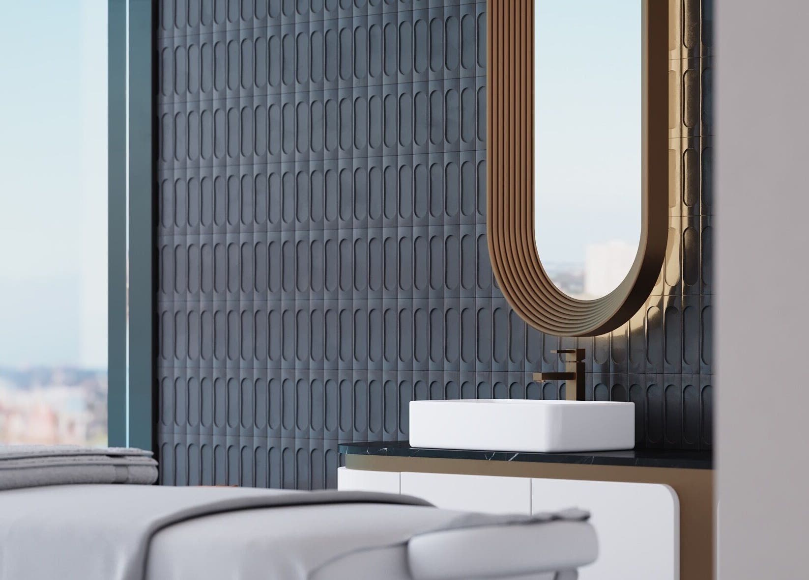 Modern aesthetic room at LUXEGLO MEDICAL AESTHETICS, East Perth, Western Australia, AU. Features sleek sink and mirror.