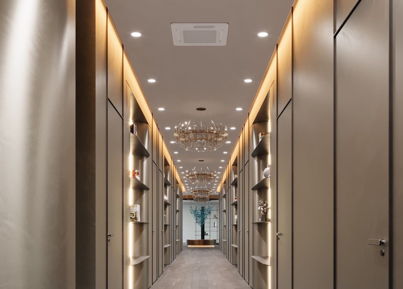 Chic hallway in LUXEGLO MEDICAL AESTHETICS, East Perth, Western Australia, AU. Modern décor and soft lighting.