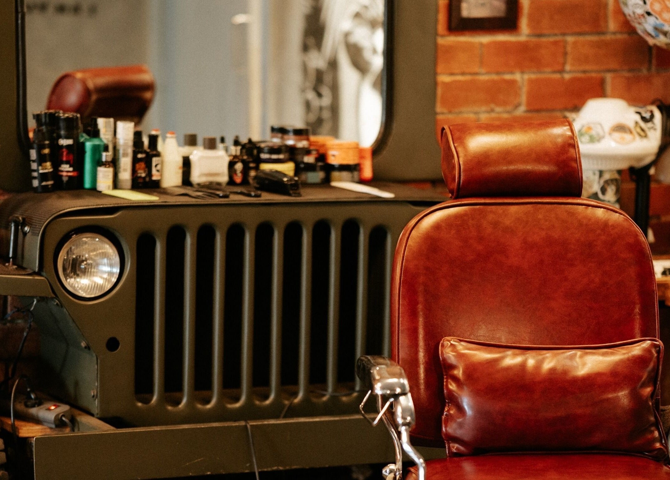 Rustic barber chair and unique decor at Goodfellas Barber & Brand | Est. 2018 in Vagator, Goa, IN.