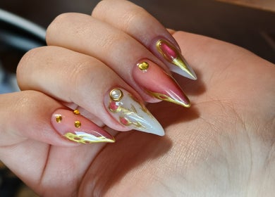 Stunning nail art with gems at Kyuote_Nails, Rīga, LV showcases elegant design and precision.
