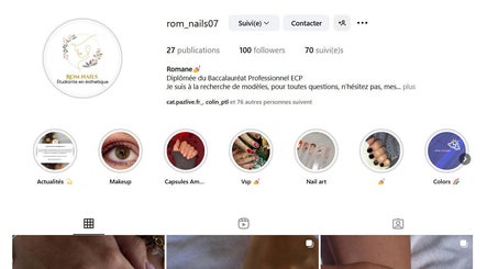 Profil Instagram de RomNails & Esthétique à Volvic, Auvergne-rhône-alpes, FR montrant des histoires en surbrillance.