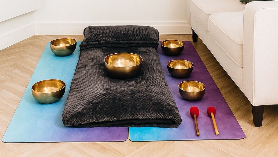 Cozy meditative space with Tibetan bowls at Sound, Mind and Bowl, Sidcup, England, GB.