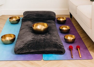Cozy meditative space with Tibetan bowls at Sound, Mind and Bowl, Sidcup, England, GB.