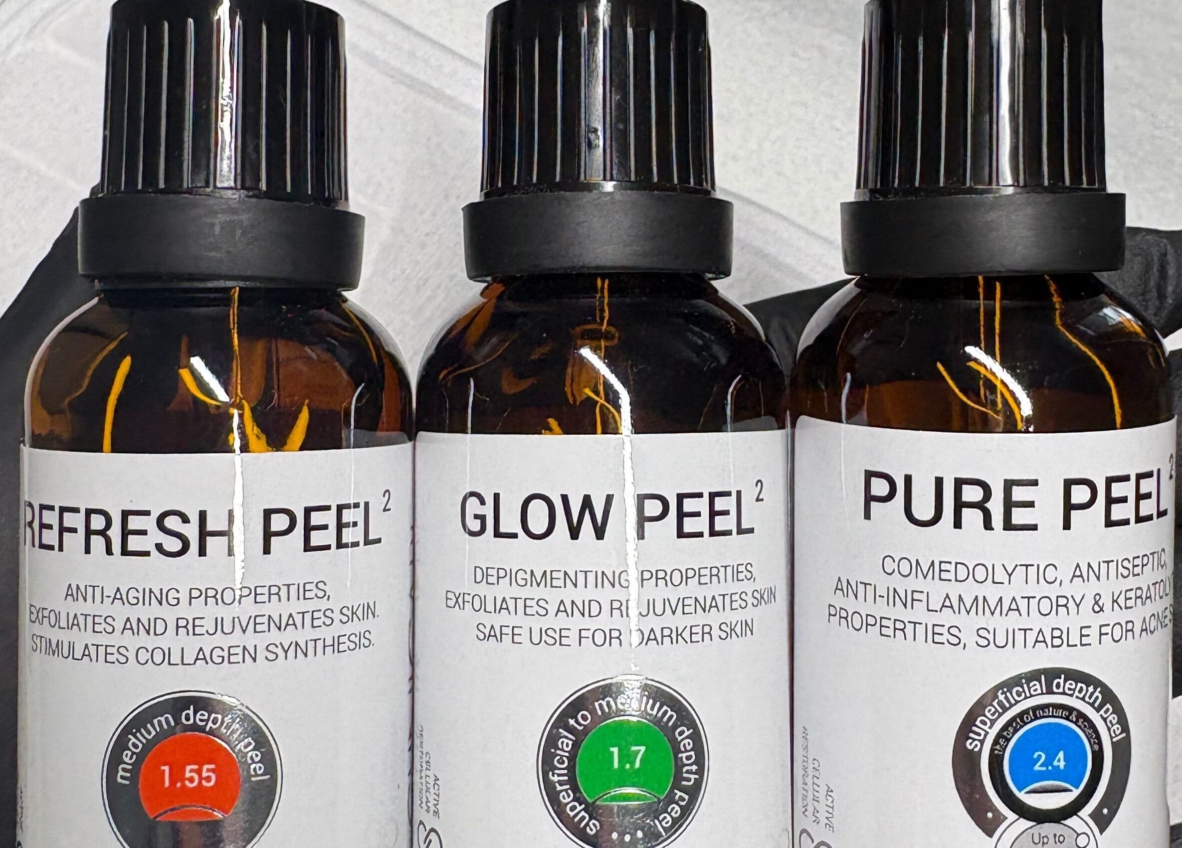 The SKN Edit's exclusive skin peel collection in Winsford, England, GB, showcasing three transformative peel solutions.