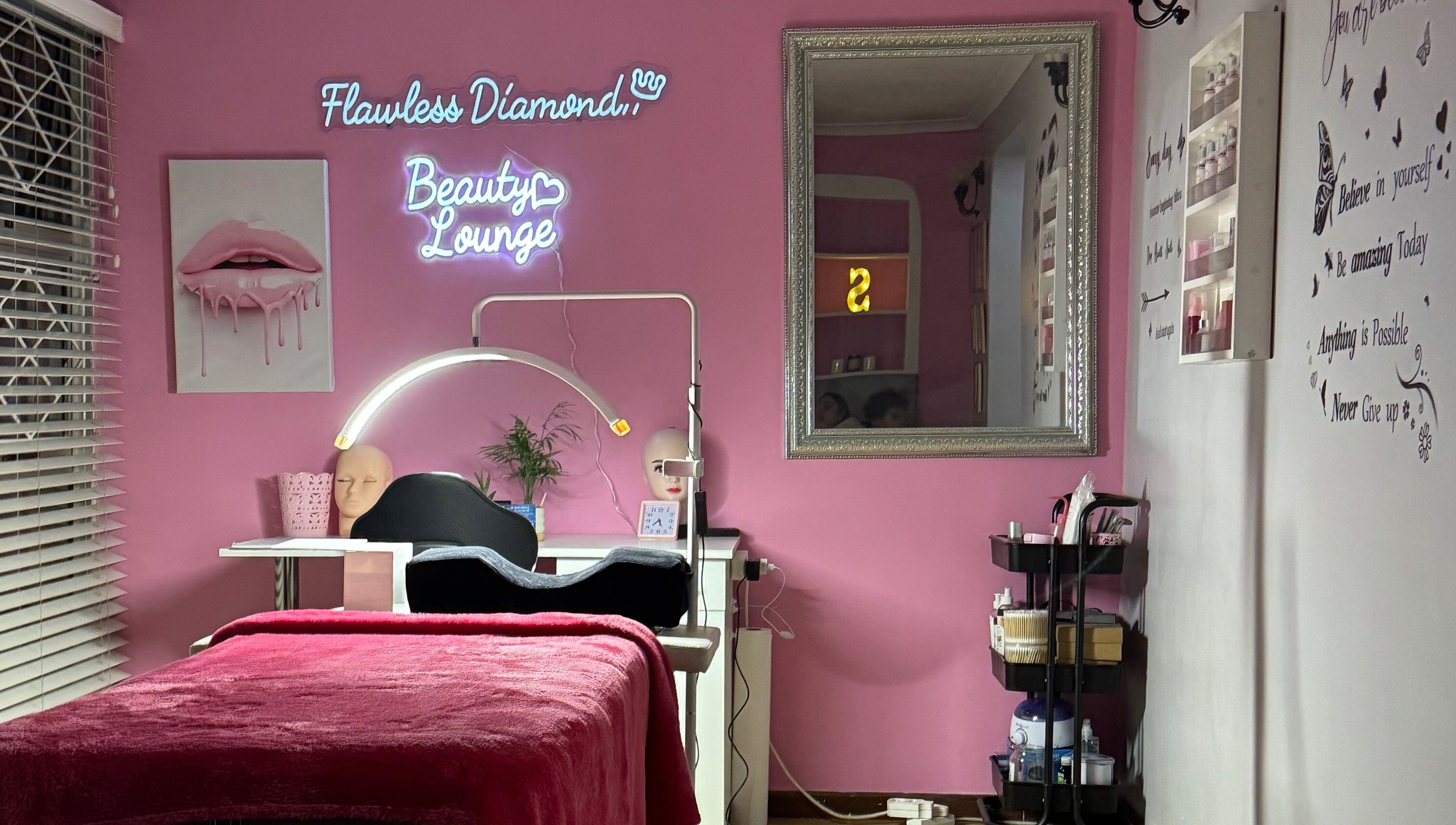 Flawless Diamond Beauty Lounge interior in Cape Town, Western Cape, ZA, featuring elegant decor and styling area.