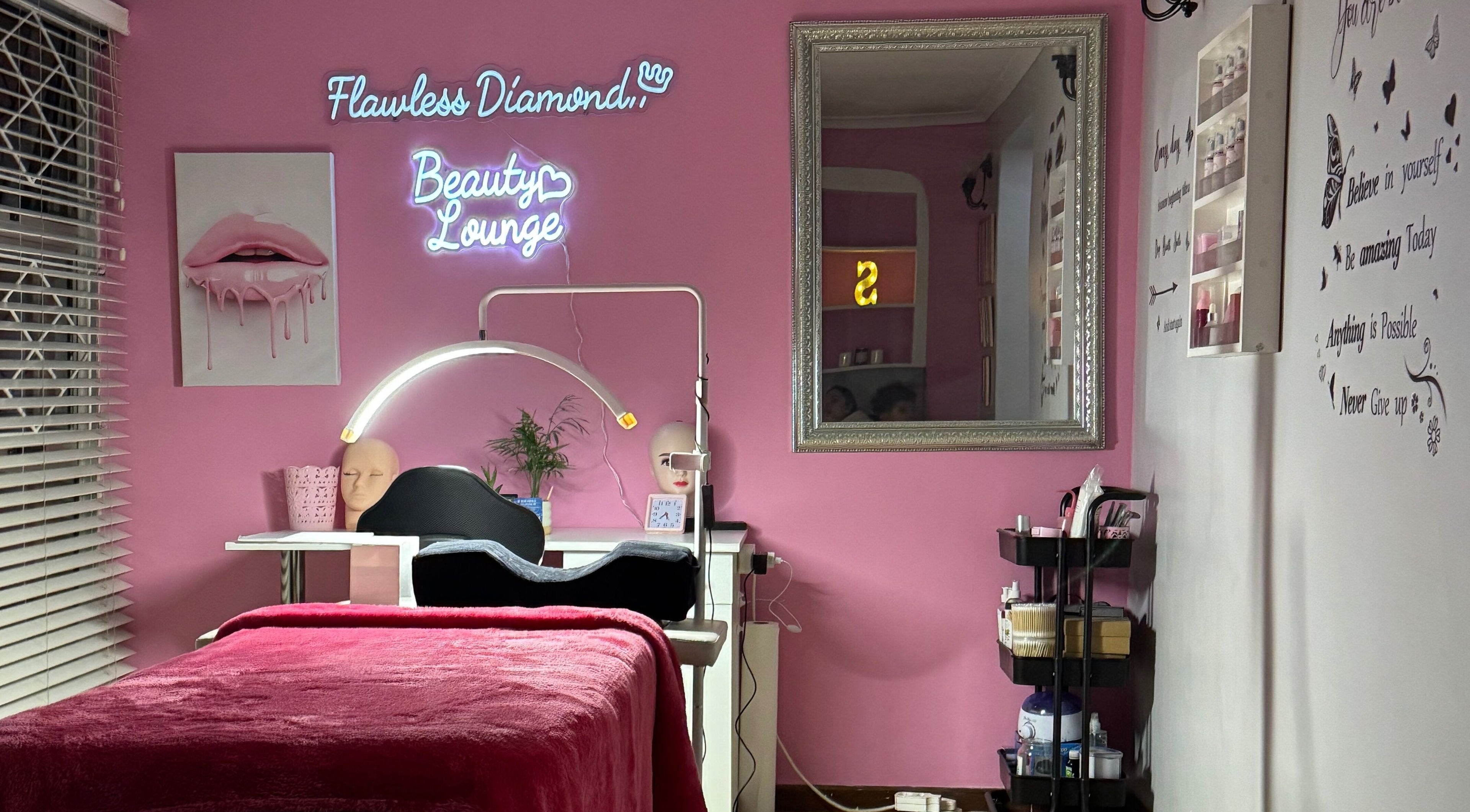 Flawless Diamond Beauty Lounge interior in Cape Town, Western Cape, ZA, featuring elegant decor and styling area.