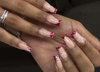 Intricate red and floral nail art design at Clawed By Chey, Breda, Noord-brabant, NL.