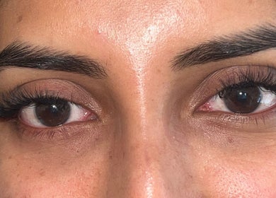 Close-up of beautifully styled eyelashes at NueElleMasion, London, England, GB.
