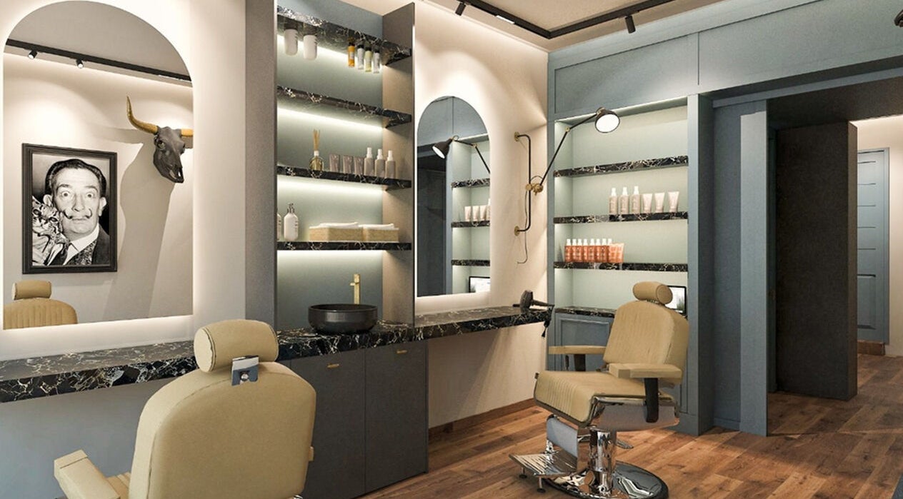 Interni eleganti di Zammy Tailored Edge Barbershop, Amsterdam, Noord-Holland, NL con sedie e specchi moderni.