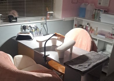 Inviting nail station at Little Coven Botanicals & Nails in Grimsby, England, GB, ready for a relaxing manicure.
