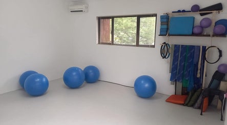 Bright yoga room with blue exercise balls at Sunbird Wellness, Hoedspruit, Limpopo, ZA.
